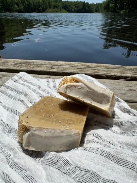 Handcrafted Oats, Milk and Honey Exfoliating goat's milk soap bar from Jersey Bird Homestead Nigerian Dwarf goats